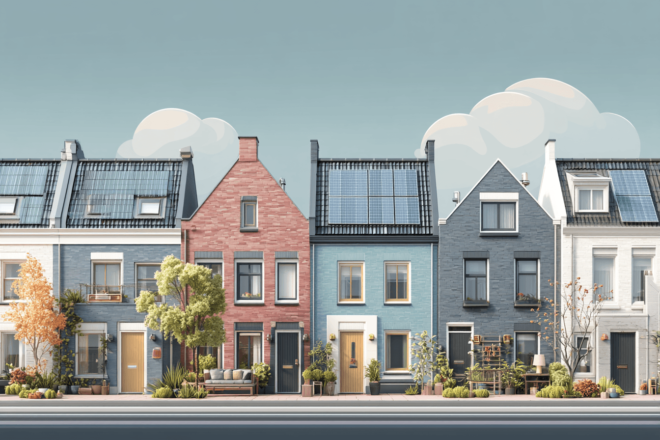 Rij moderne huizen met zonnepanelen - grote plannen voor duurzame energie